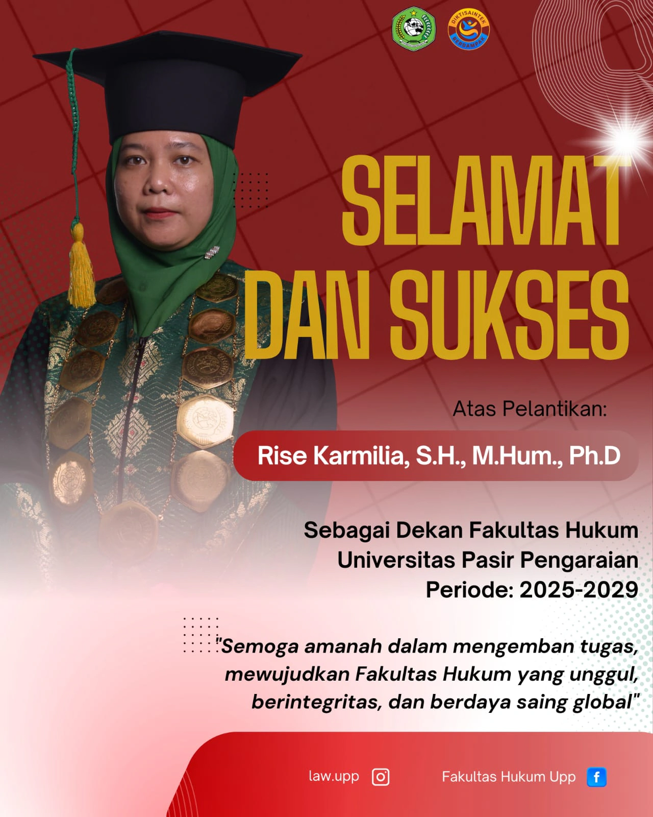 Rise Karmilia, S.H., M.Hum., Ph.D Kembali Terpilih sebagai Dekan Fakultas Hukum Universitas Pasir Pengaraian Periode 2025–2029